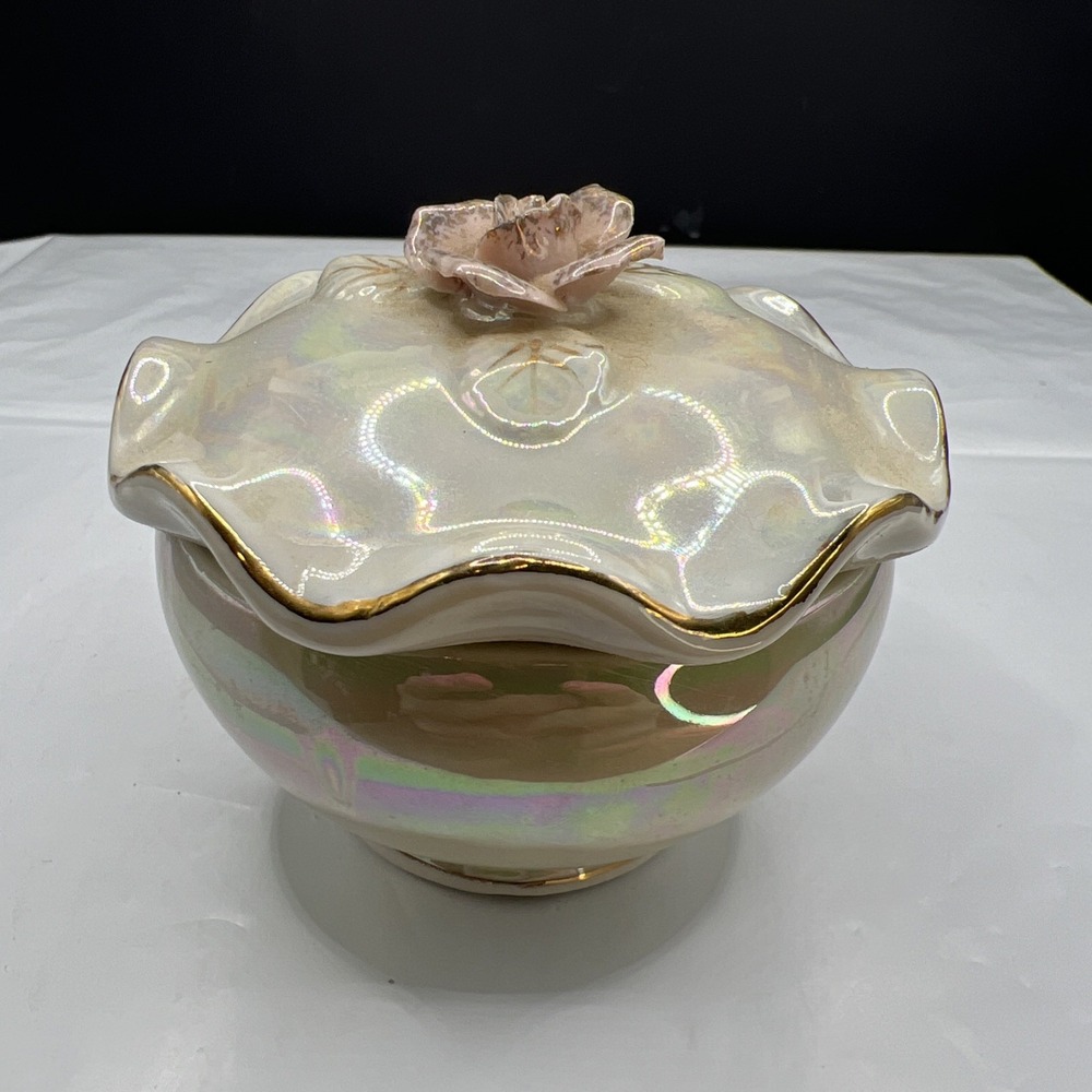 Vintage Iridescent Porcelain Trinket Box Applied Rose Lusterware Jewelry Dish